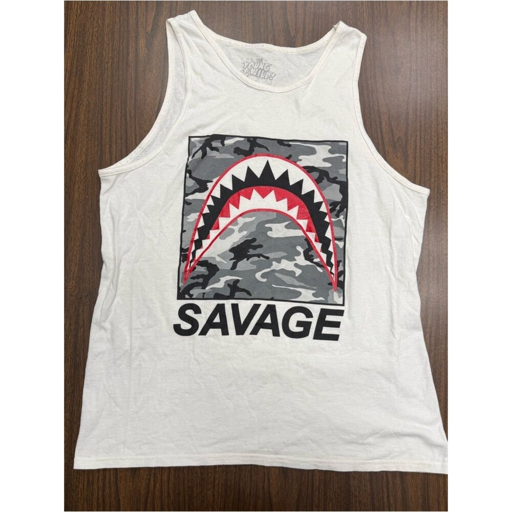 Savage Graphic Tank Top - White with Gray Camo & Red Accent